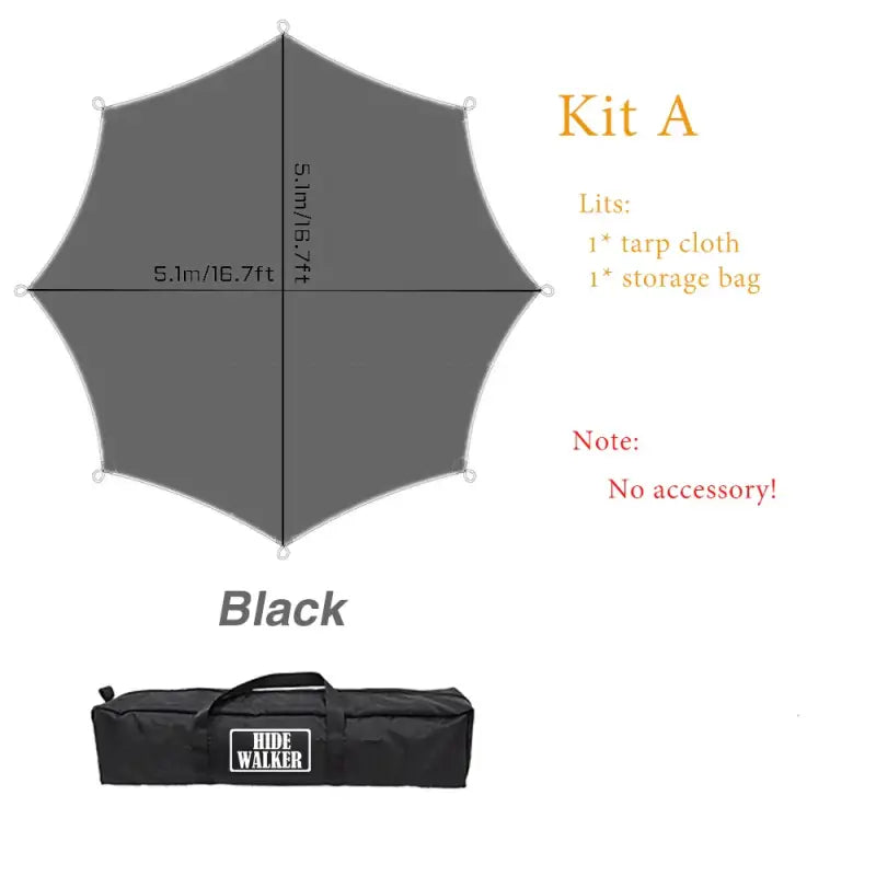 Octagon 5x5 Black Coating Tarp for 12 People – Waterproof Outdoor Camping Sunshade Awning - Black - Kit A / No poles