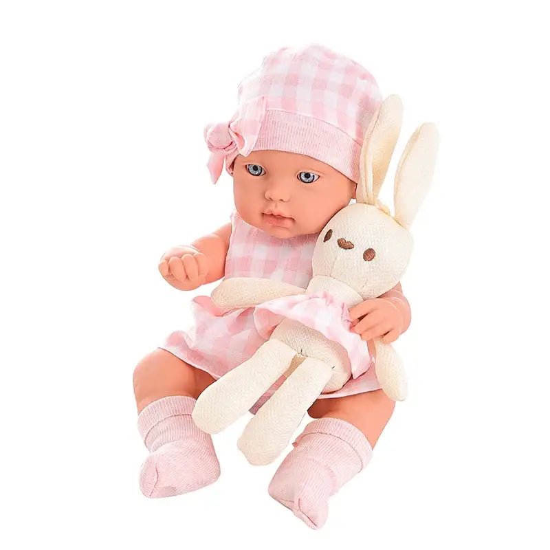 14-Inch Baby Doll with Cute Rabbit Clothes & Sleeping Basket – Soothing Newborn Doll Gift for Girls - Pink / United