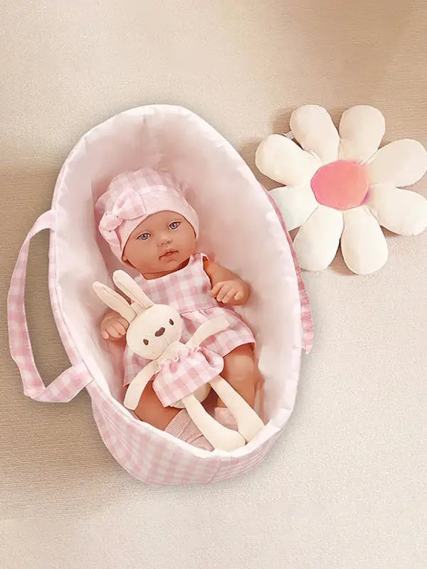 14-Inch Baby Doll with Cute Rabbit Clothes & Sleeping Basket – Soothing Newborn Doll Gift for Girls - Pink / United