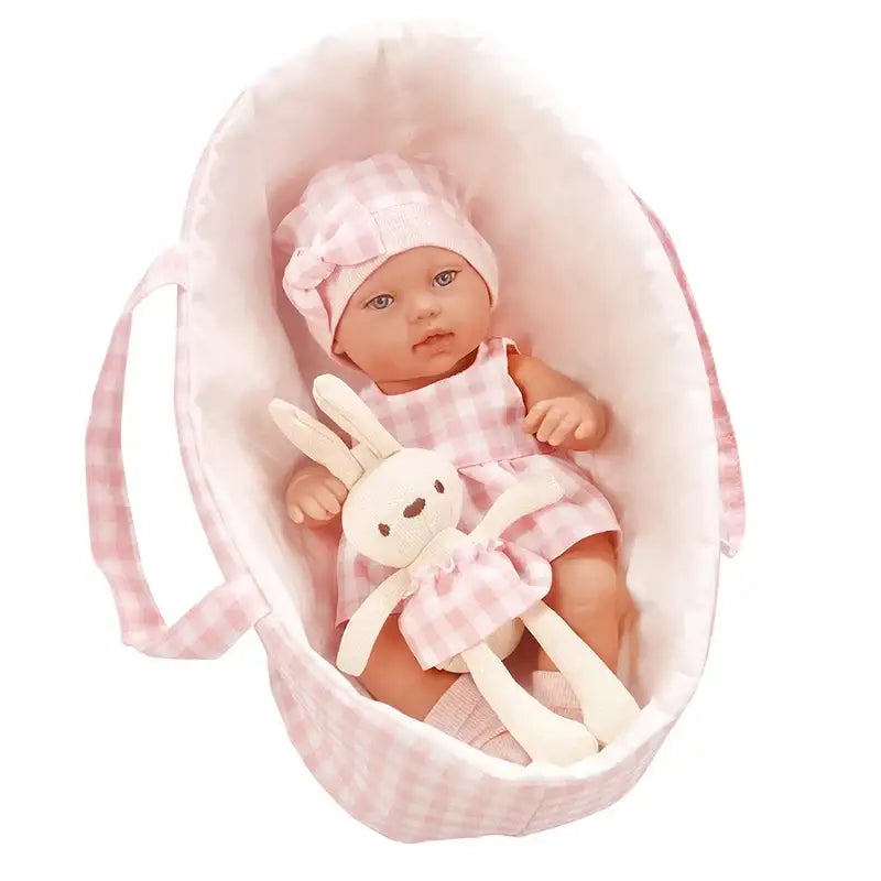 14-Inch Baby Doll with Cute Rabbit Clothes & Sleeping Basket – Soothing Newborn Doll Gift for Girls - Pink / United