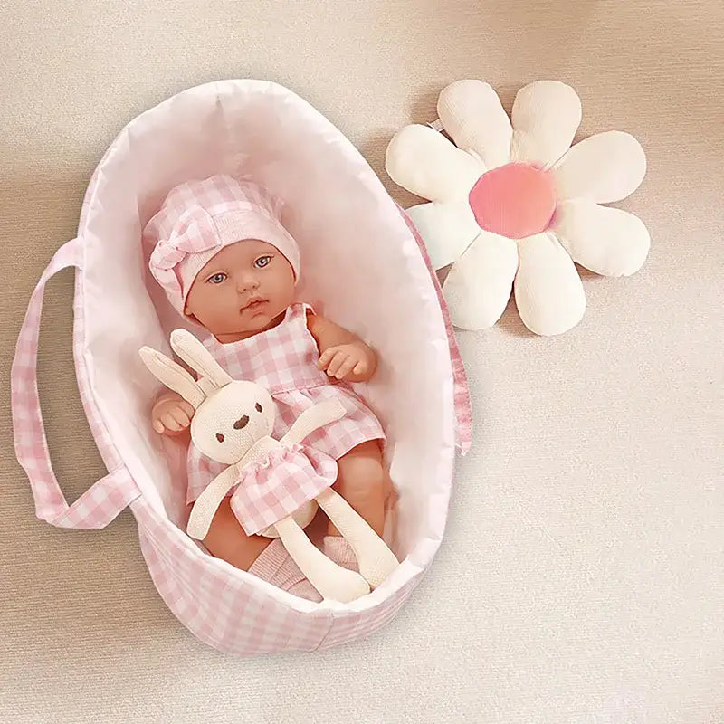 14-Inch Baby Doll with Cute Rabbit Clothes & Sleeping Basket – Soothing Newborn Doll Gift for Girls - Pink / United