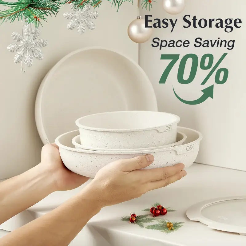 17-Piece Nonstick Cookware Set with Detachable Handle Silicone Lids & Utensils Oven Safe - WHITE / United States / Over