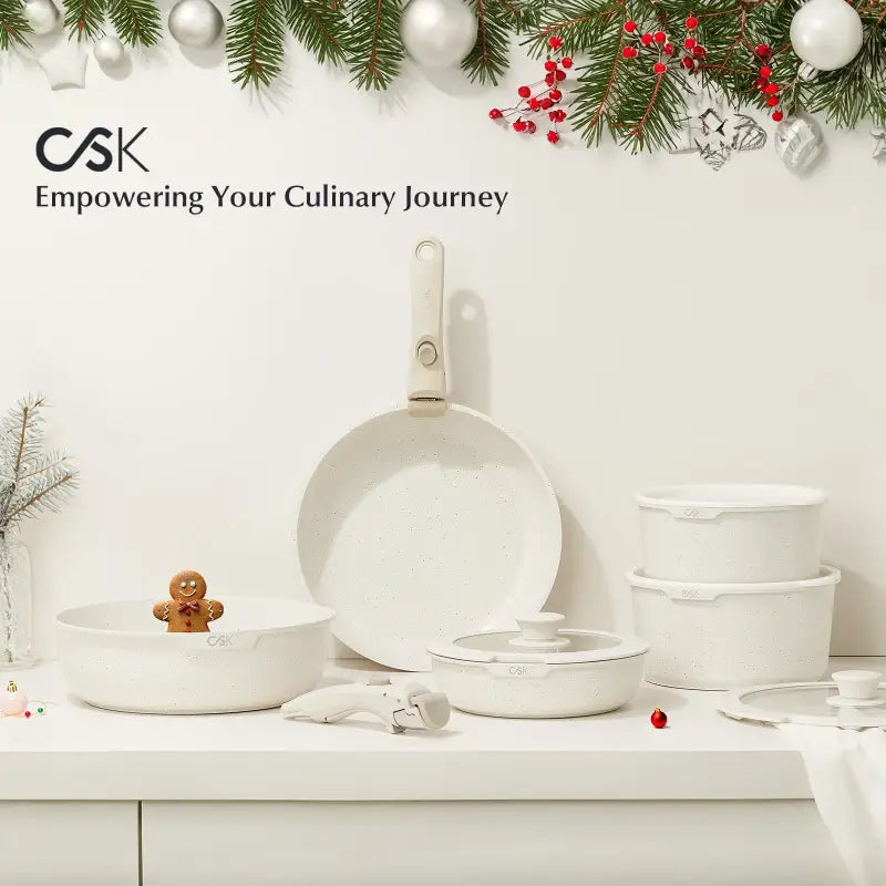 17-Piece Nonstick Cookware Set with Detachable Handle Silicone Lids & Utensils Oven Safe - WHITE / United States / Over