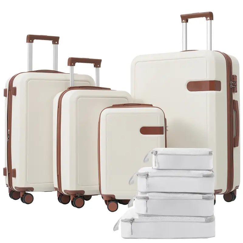 4 Piece Luggage Set with Compression Packing Cubes – Expandable Spinner Wheels & TSA Lock - Brown and White / United