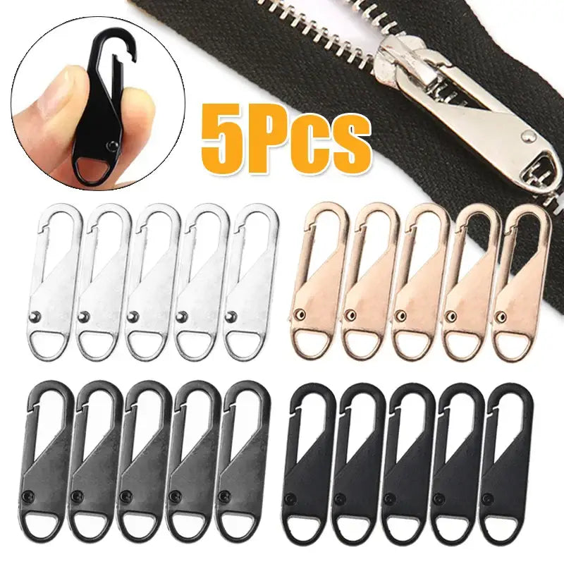 5pcs Universal Replacement Zipper Slider Pullers – Metal Alloy Zip Repair Kit for Luggage Bags Jackets & DIY Sewing