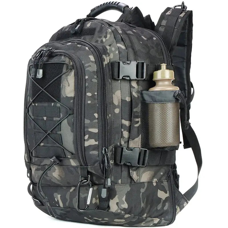65L Military Tactical Backpack for Hiking Camping Travel with MOLLE System and Expandable Size - Black Camo / United