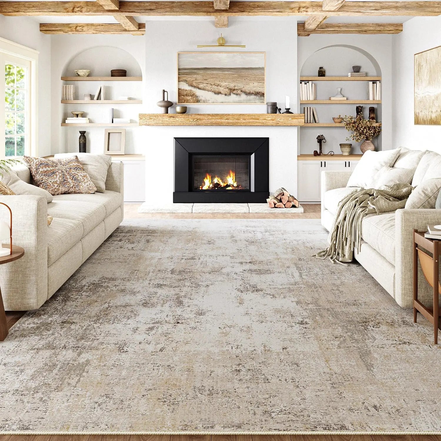 10x14 Washable Beige & Grey Abstract Area Rug - Non-Slip Soft Low Pile for Living Room & Bedroom