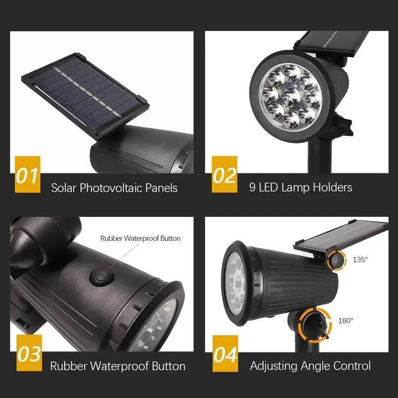 9-LED Solar Spotlights – IP65 Waterproof Outdoor Lights with Adjustable Brightness for Garden Lawn Driveway & Backyard