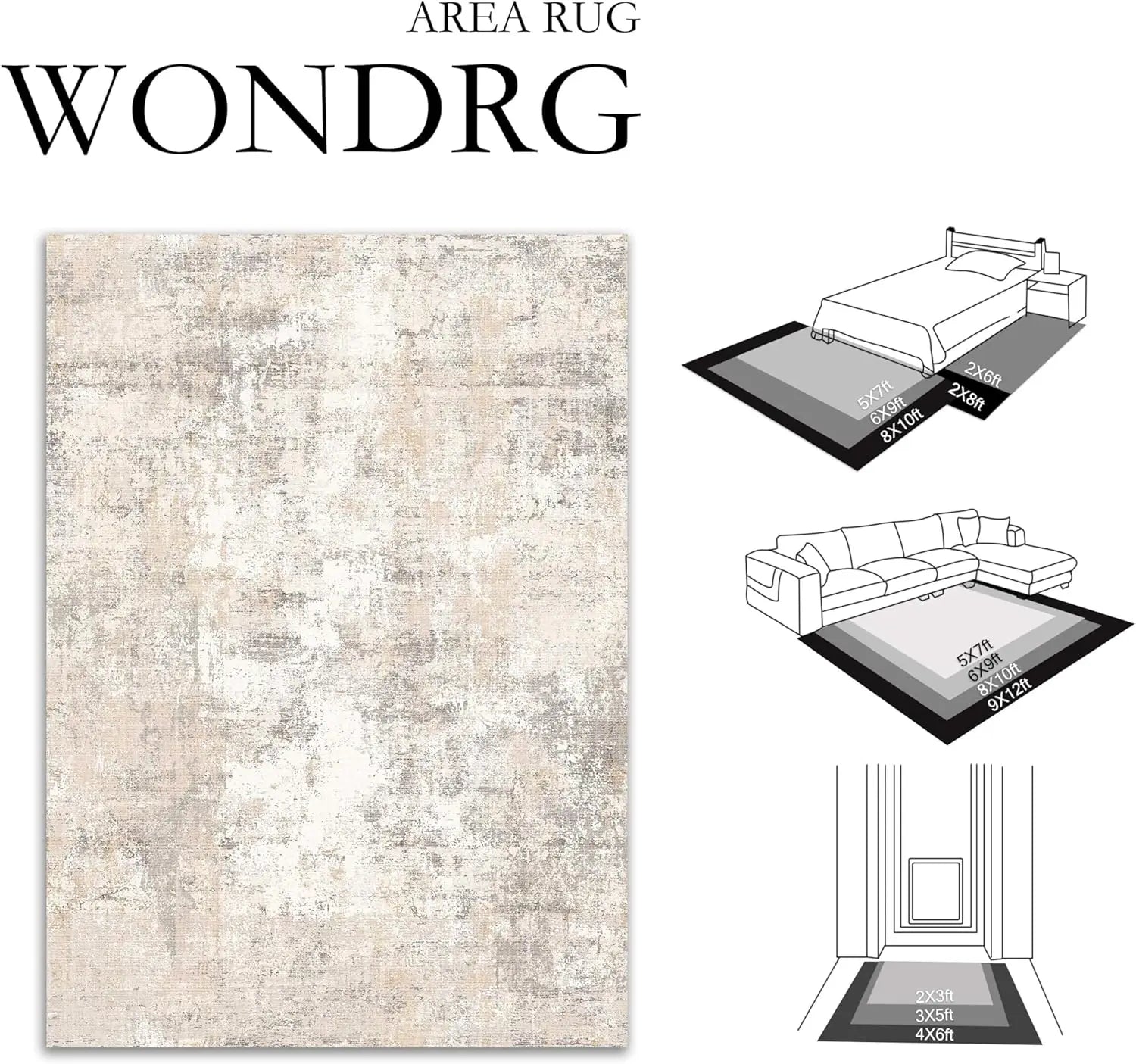 10x14 Washable Beige & Grey Abstract Area Rug - Non-Slip Soft Low Pile for Living Room & Bedroom