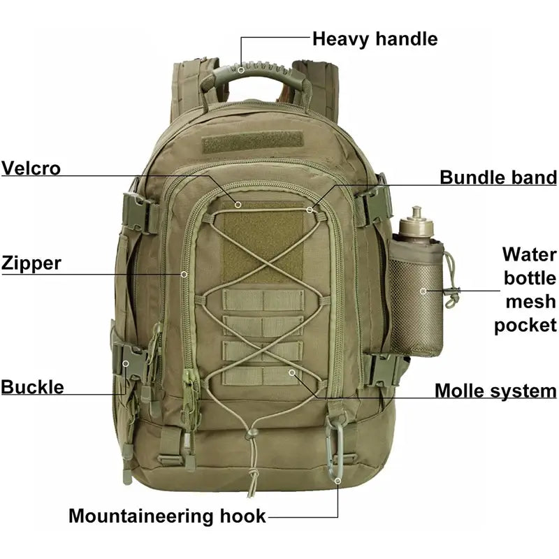 65L Military Tactical Backpack for Hiking Camping Travel with MOLLE System and Expandable Size