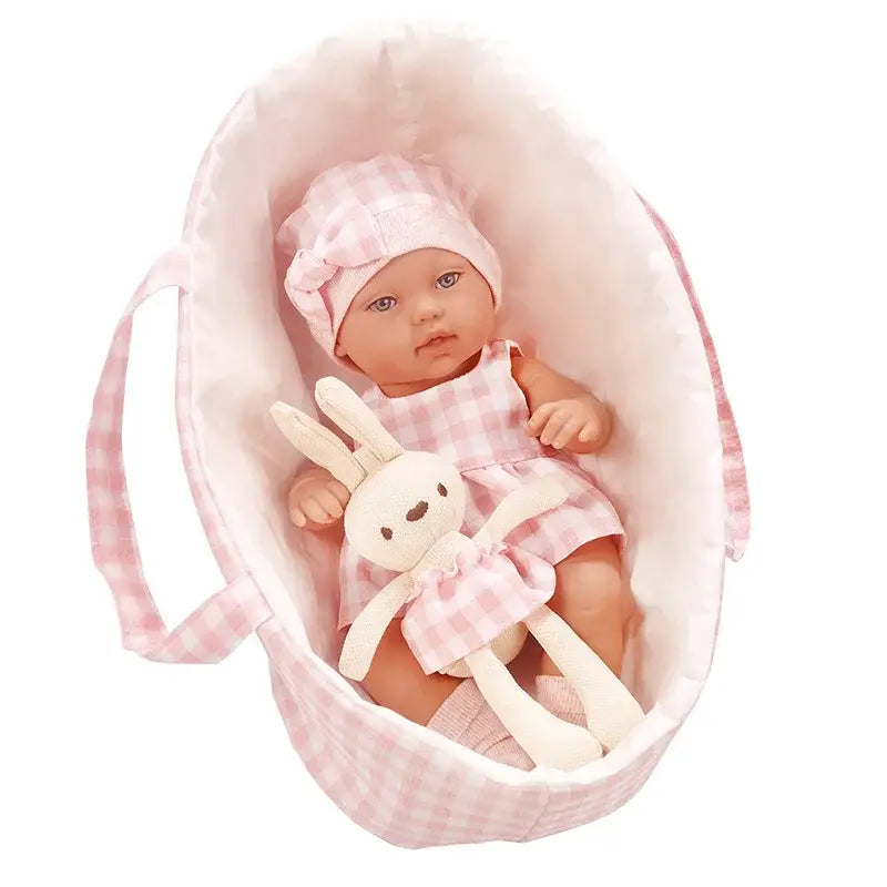 14-Inch Baby Doll with Cute Rabbit Clothes & Sleeping Basket – Soothing Newborn Doll Gift for Girls