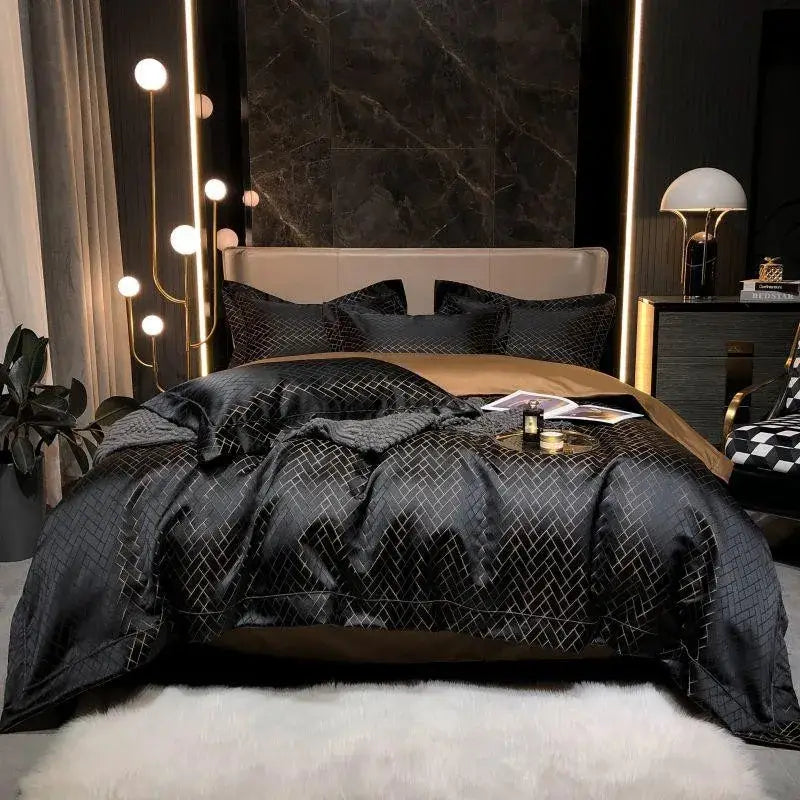 Luxury Black Gold Jacquard Egyptian Cotton Bedding Set - 4/6 Pcs