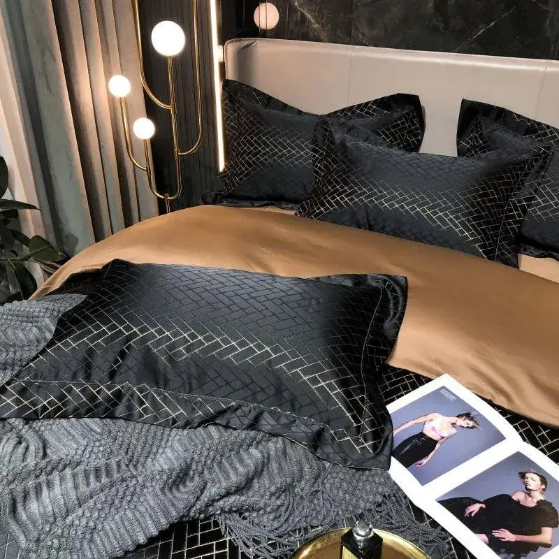 Luxury Black Gold Jacquard Egyptian Cotton Bedding Set - 4/6 Pcs