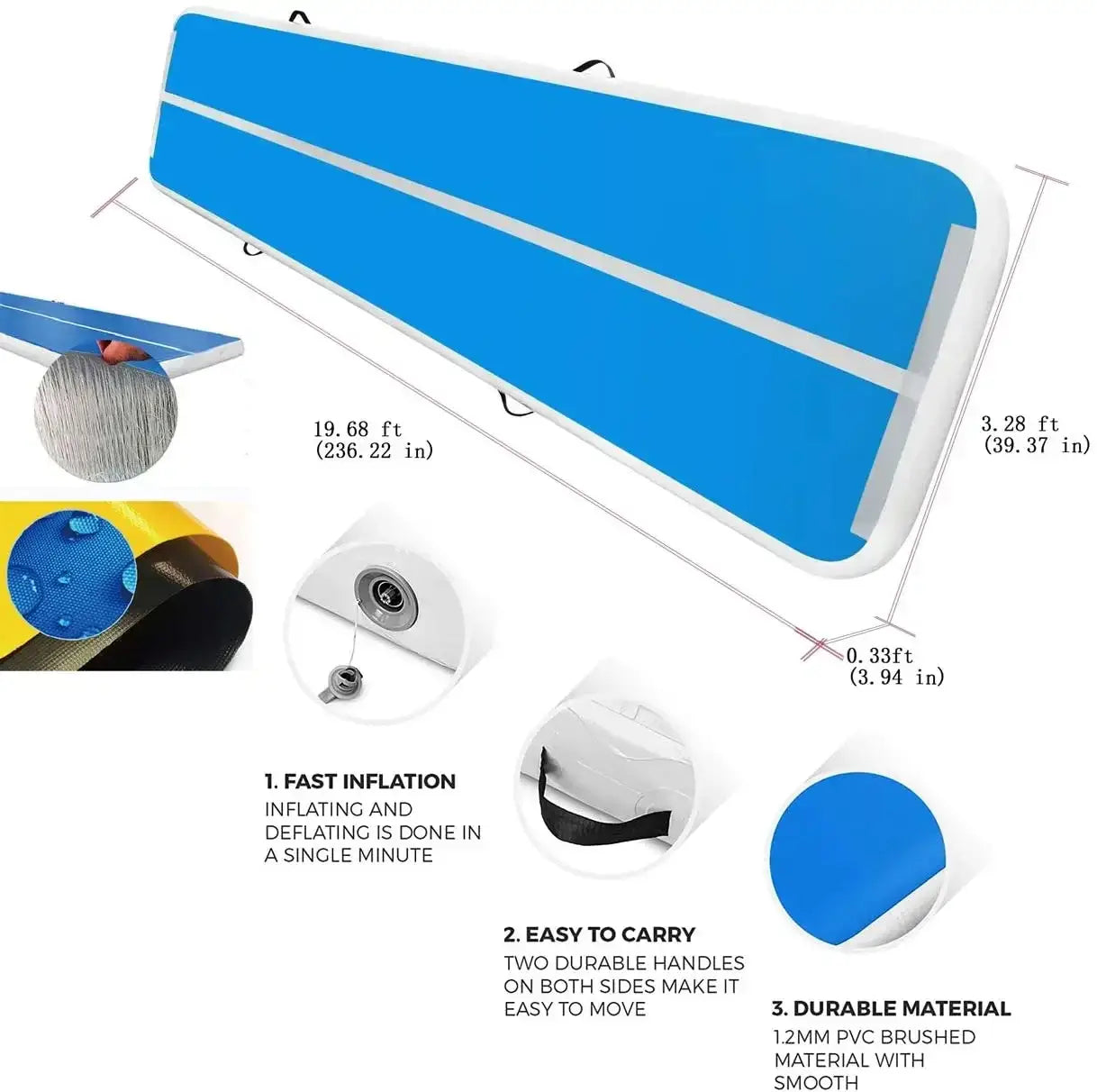 Inflatable AirTrack Gym Mat – PVC DWF Tumbling Mat for Gymnastics Cheer Taekwondo & Home Use (3m–10m Lengths)