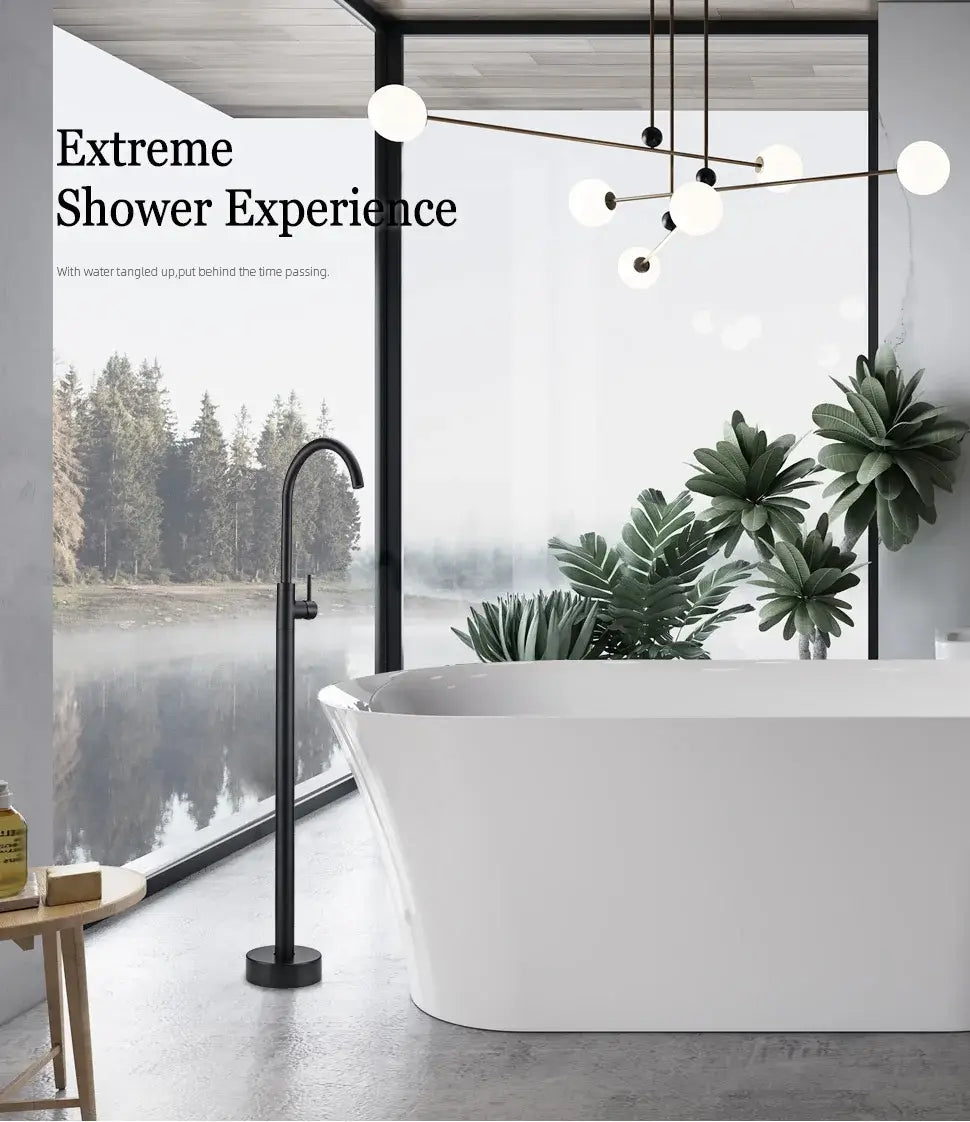 Bathroom Bathtub Floor Stand Faucet Rose Gold Mixer Single Handle Tap 360 Rotation Spout With Brass Hand Hot &Cold