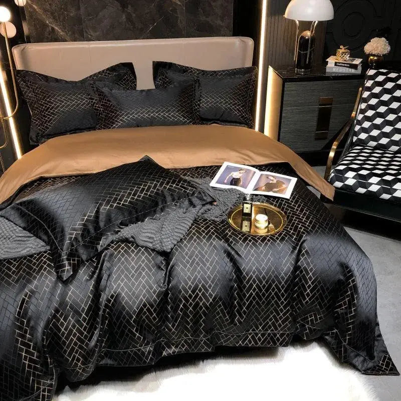 Luxury Black Gold Jacquard Egyptian Cotton Bedding Set - 4/6 Pcs