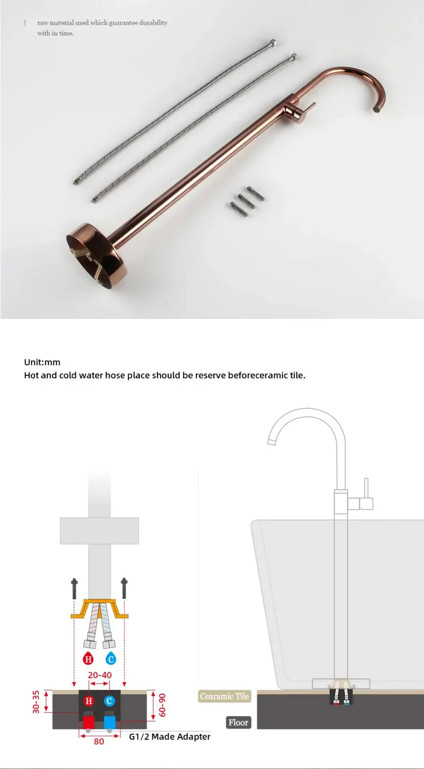 Bathroom Bathtub Floor Stand Faucet Rose Gold Mixer Single Handle Tap 360 Rotation Spout With Brass Hand Hot &Cold