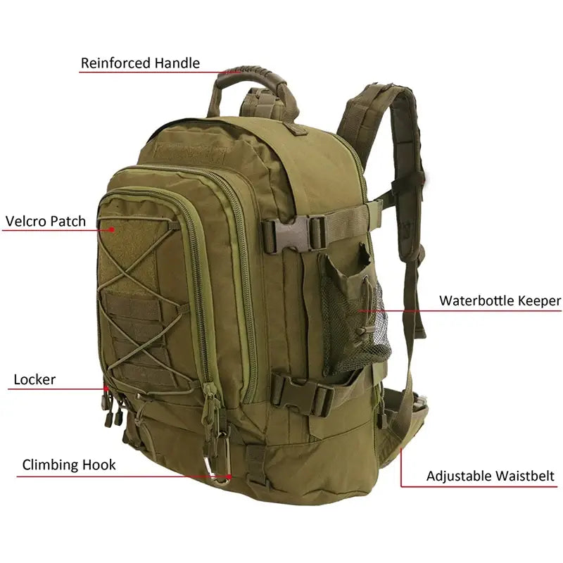 65L Military Tactical Backpack for Hiking Camping Travel with MOLLE System and Expandable Size