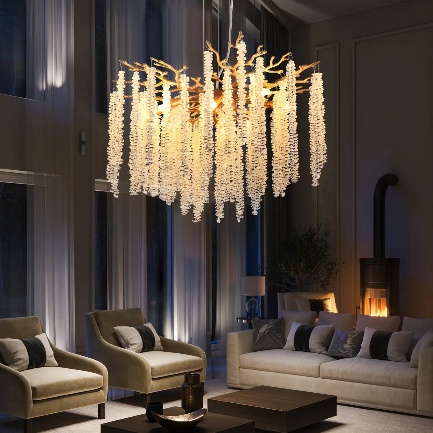 Modern Golden Chandelier Cascading Crystal Strings - Lighting for Living Room Dining Room Foyer