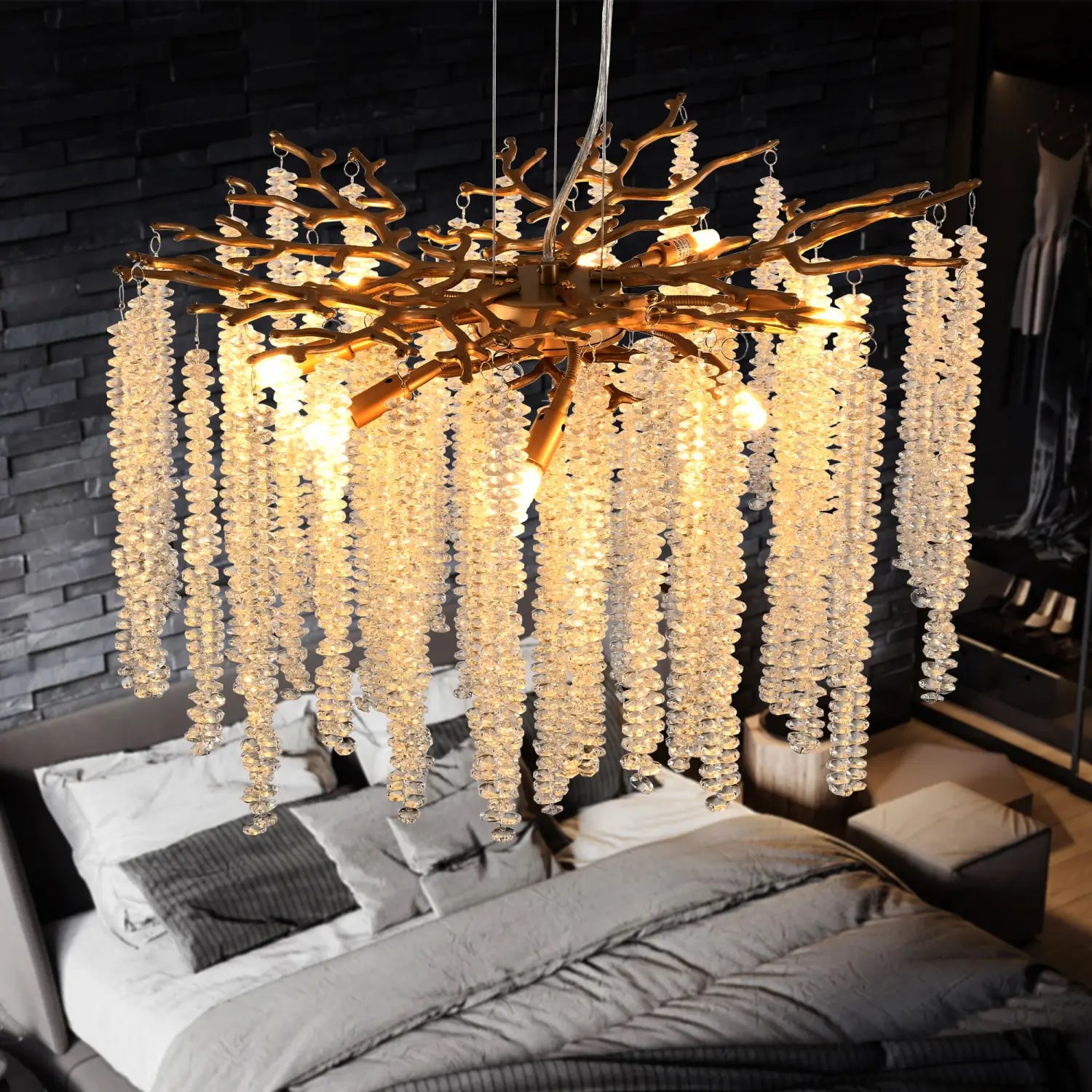 Modern Golden Chandelier Cascading Crystal Strings - Lighting for Living Room Dining Room Foyer