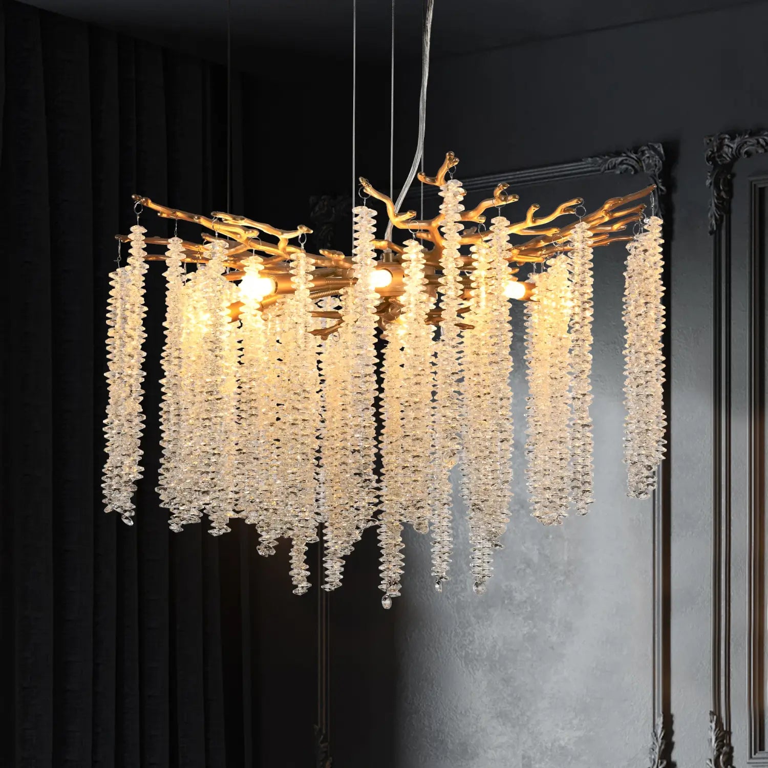 Modern Golden Chandelier Cascading Crystal Strings - Lighting for Living Room Dining Room Foyer