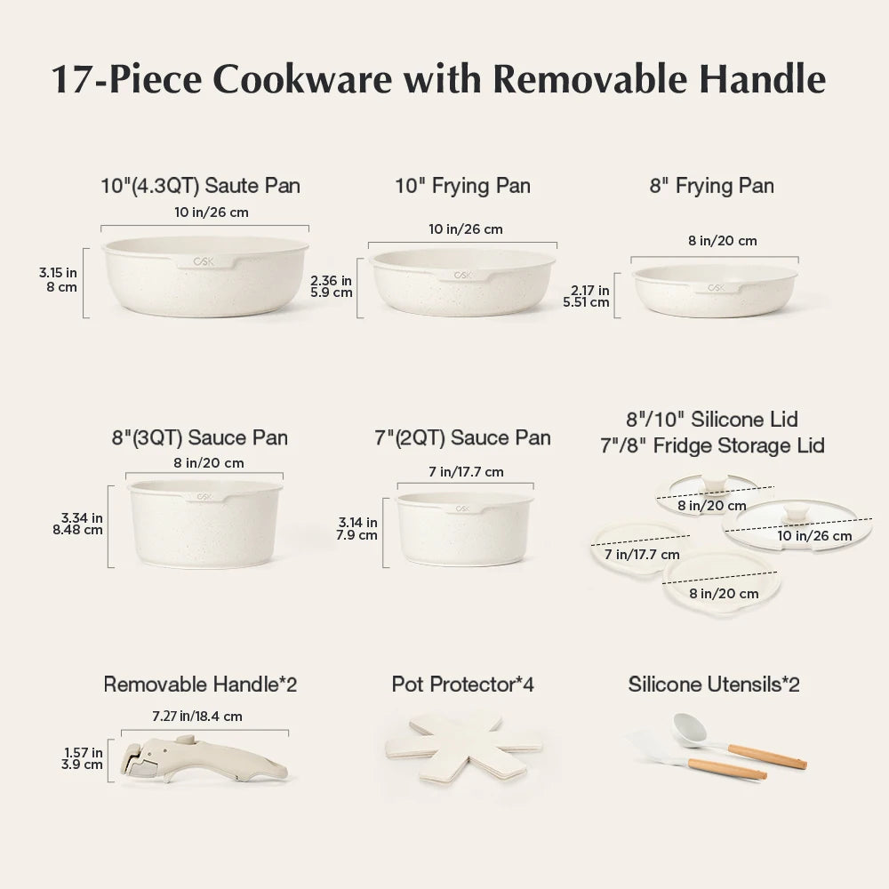 17-Piece Nonstick Cookware Set with Detachable Handle Silicone Lids & Utensils Oven Safe