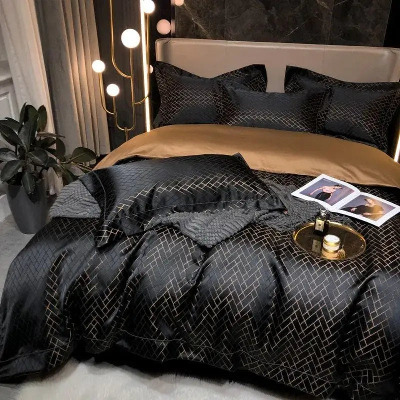 Luxury Black Gold Jacquard Egyptian Cotton Bedding Set - 4/6 Pcs