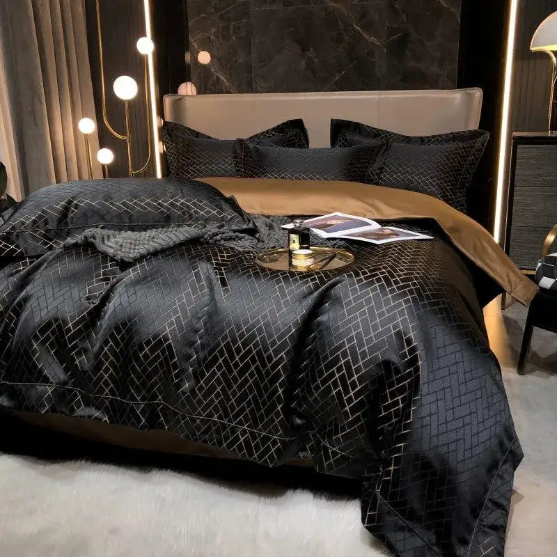 Luxury Black Gold Jacquard Egyptian Cotton Bedding Set - 4/6 Pcs