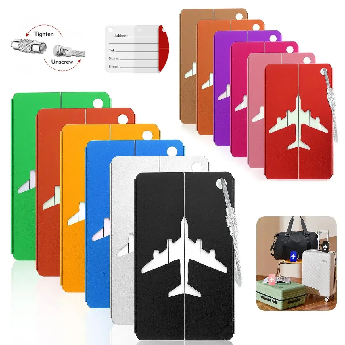 Aluminium Alloy Aircraft Luggage Tag – Durable Anti-Lost Travel ID Tag with Name Card Solid Color Travel Accessory
