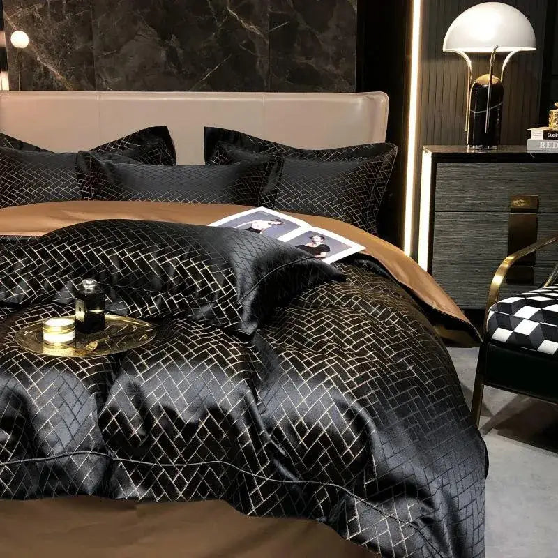 Luxury Black Gold Jacquard Egyptian Cotton Bedding Set - 4/6 Pcs