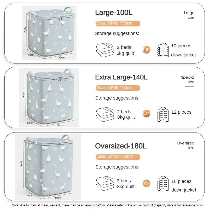 Large Capacity Clothes & Quilt Storage Bag – Foldable Non-Woven Wardrobe Organizer Box (100L / 140L / 180L)