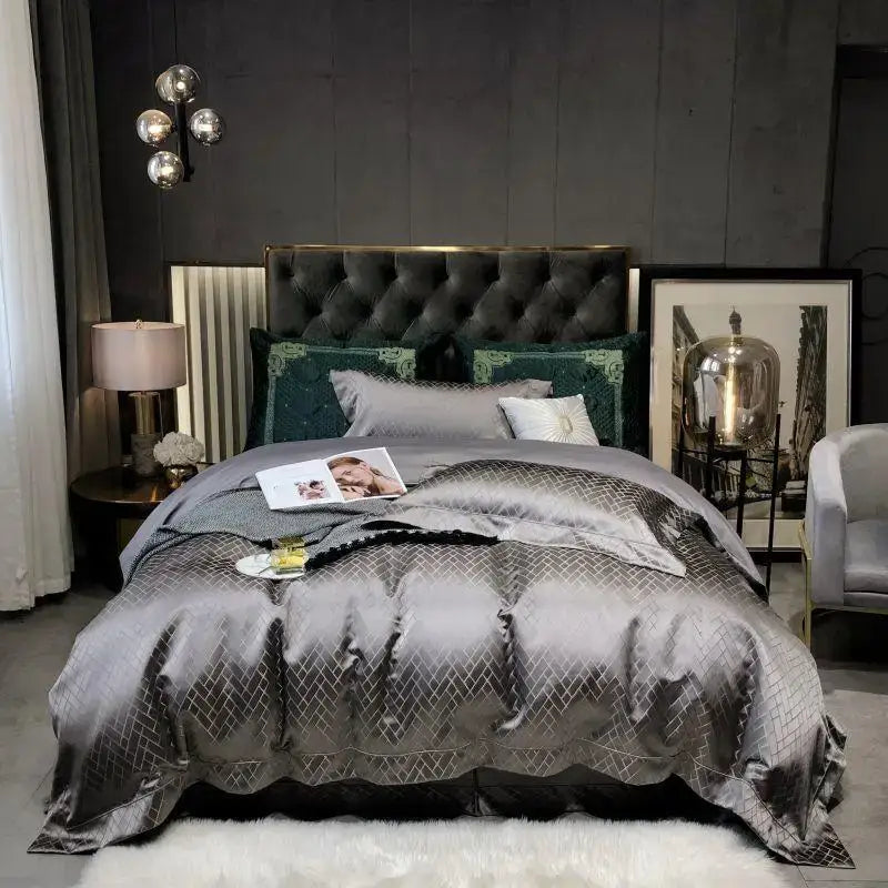 Luxury Black Gold Jacquard Egyptian Cotton Bedding Set - 4/6 Pcs - Color 2 / USKing 264X230cm6Pcs / Flat Bed Sheet