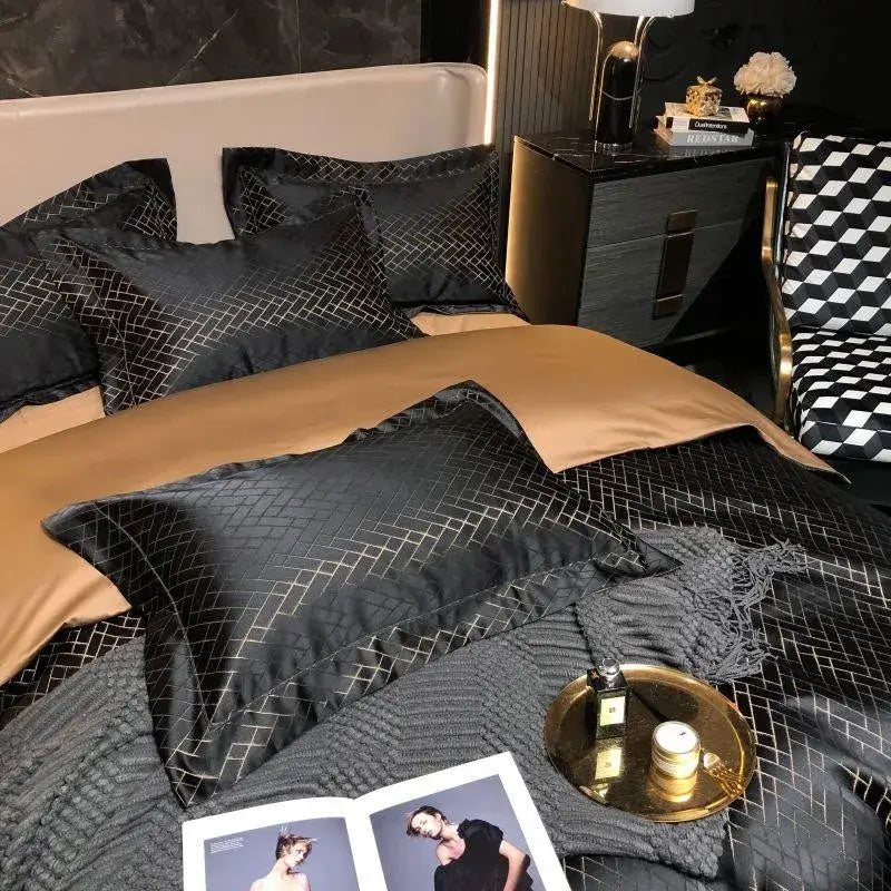 Luxury Black Gold Jacquard Egyptian Cotton Bedding Set - 4/6 Pcs
