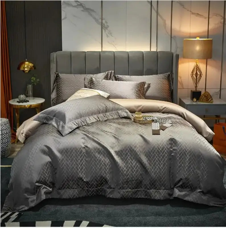 Luxury Black Gold Jacquard Egyptian Cotton Bedding Set - 4/6 Pcs - Color 4 / Queen 200X230cm 6Pcs / Fitted Bed Sheet