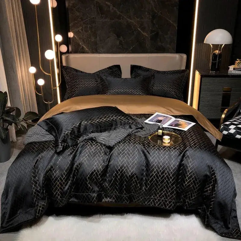 Luxury Black Gold Jacquard Egyptian Cotton Bedding Set - 4/6 Pcs
