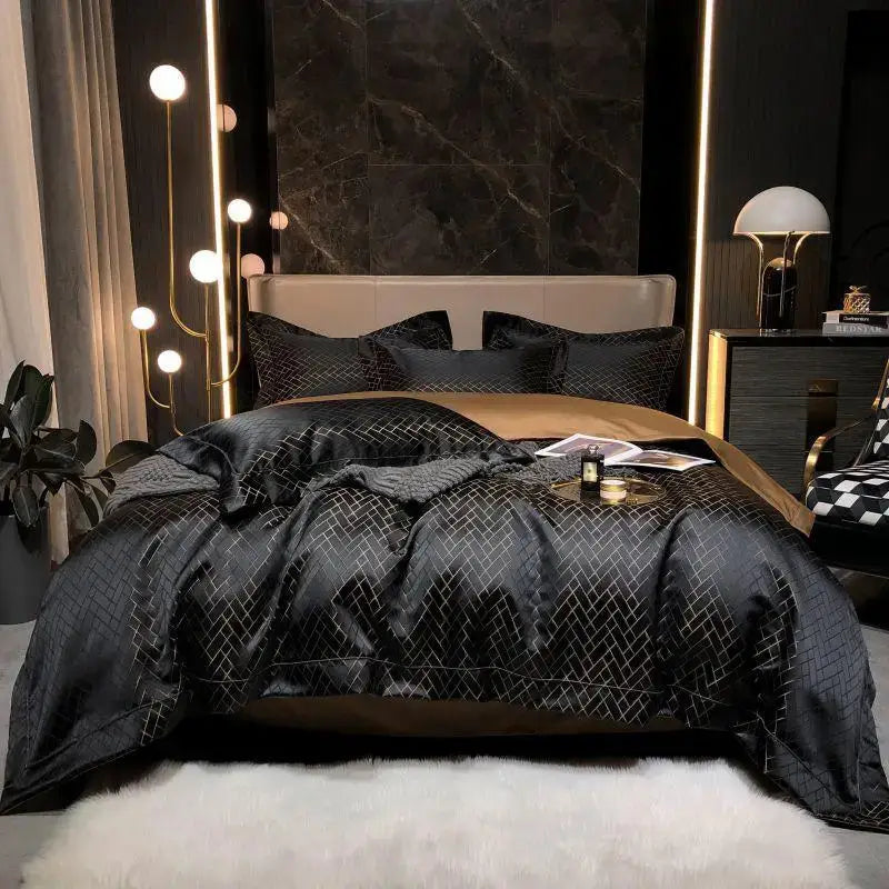 Luxury Black Gold Jacquard Egyptian Cotton Bedding Set - 4/6 Pcs - Color 1 / King 220X240cm 4Pcs / Flat Bed Sheet