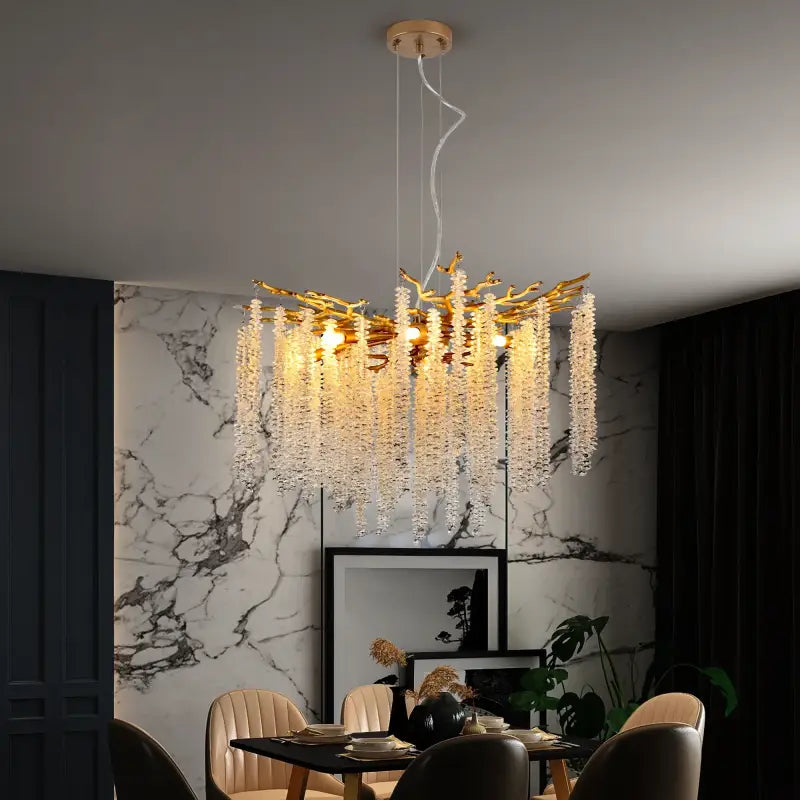 Modern Golden Chandelier Cascading Crystal Strings - Lighting for Living Room Dining Room Foyer - 23.6-inch / United