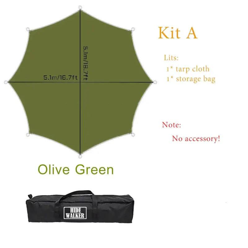 Octagon 5x5 Black Coating Tarp for 12 People – Waterproof Outdoor Camping Sunshade Awning - Olive green - Kit