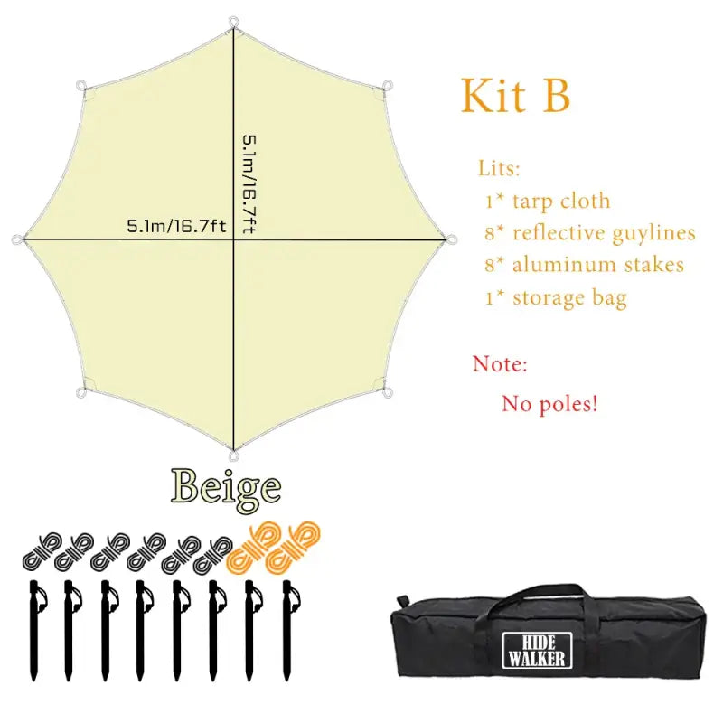 Octagon 5x5 Black Coating Tarp for 12 People – Waterproof Outdoor Camping Sunshade Awning - Beige - Kit B / No poles