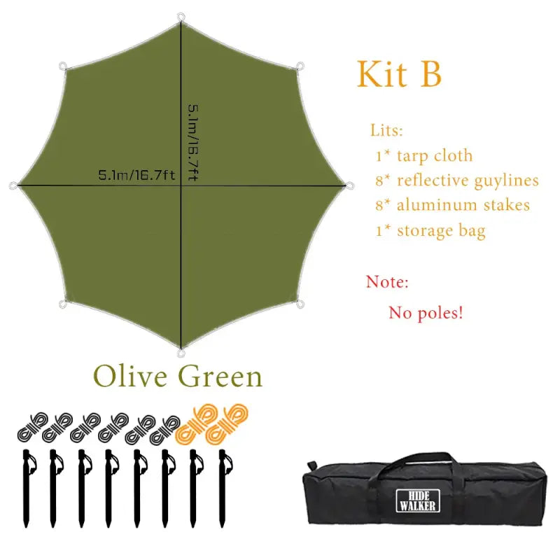 Octagon 5x5 Black Coating Tarp for 12 People – Waterproof Outdoor Camping Sunshade Awning - Olive green - Kit B