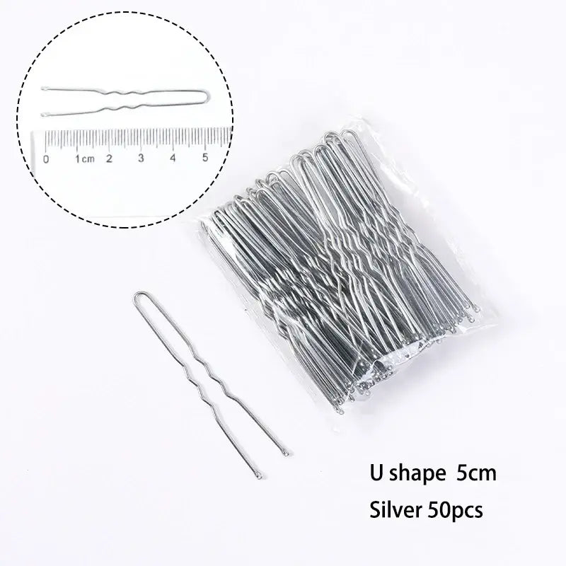 U-Shaped Gold Brown Plated Hairpins Metal Bobby Pins for Buns Hair Styling Salon Accessories - U Silver 5cm / 50PCS