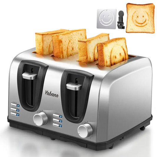 Yabano 4 Slice Toaster | Extra Wide Slots 7-Shade Settings Defrost & Reheat Functions Fun Smiley Plates - sliver