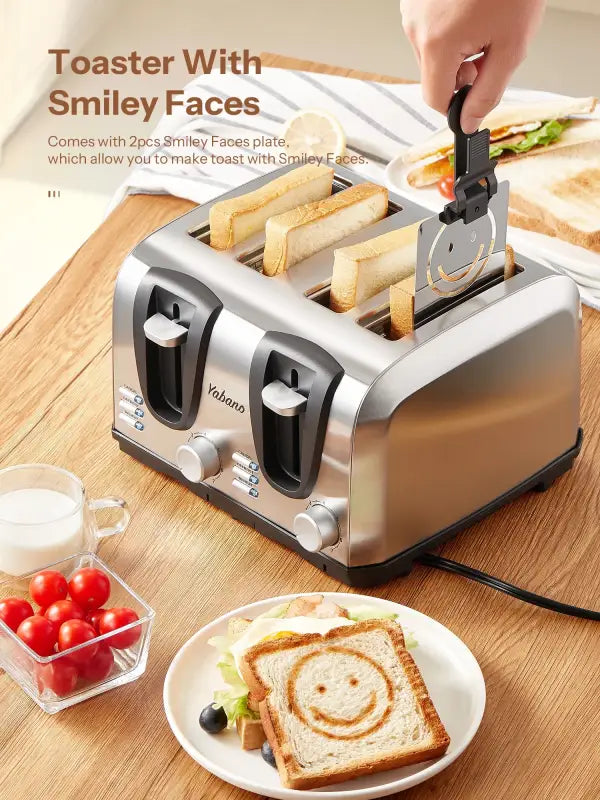 Yabano 4 Slice Toaster | Extra Wide Slots 7-Shade Settings Defrost & Reheat Functions Fun Smiley Plates - sliver