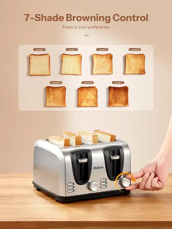 Yabano 4 Slice Toaster | Extra Wide Slots 7-Shade Settings Defrost & Reheat Functions Fun Smiley Plates - sliver